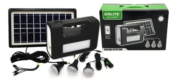 Kit Emergencia Camping Solar 3 Ampolletas Linterna+radio Mp3 Color Negro
