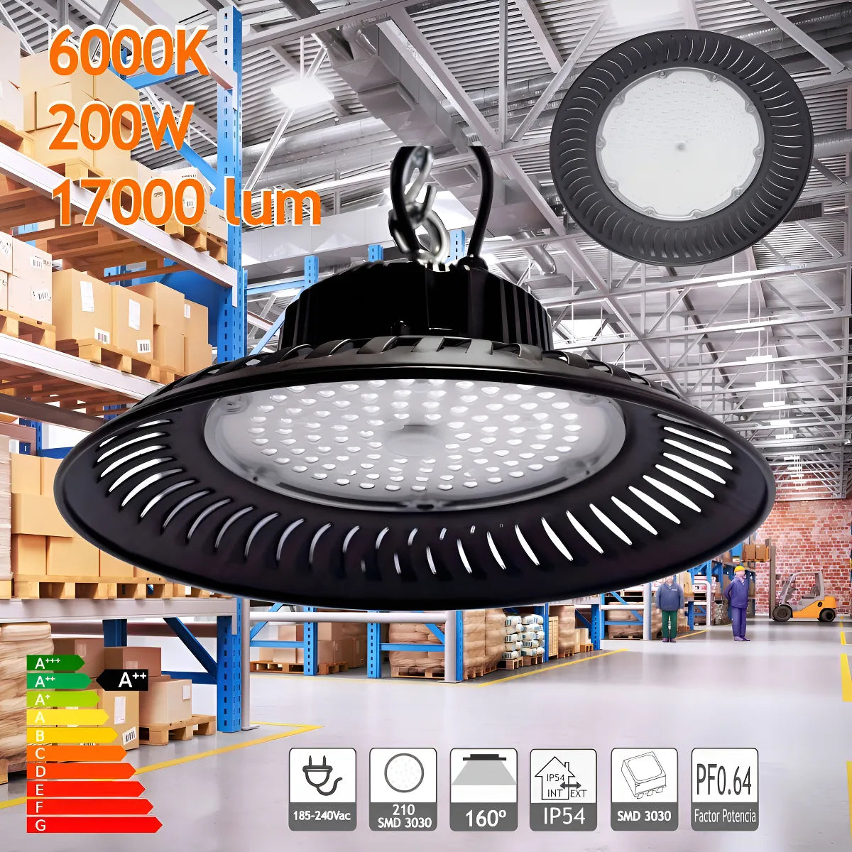 Foco Led Campana Lampara Industrial Luz Fria Blanca Led Tipo Ufo 200w Industrial Ip65