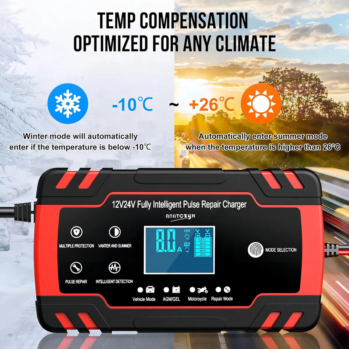 Rápida Cargador de Batería Auto y Moto 12v 24v Inteligent Anhtczyx J30 Rojo