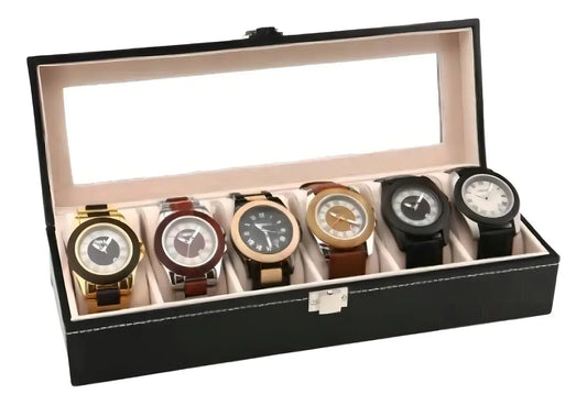 Caja para Relojes de Lujo con 6 Espacios, Organizador de Cuero Negro con Ventana y Llave