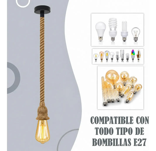 Lámpara De Techo Cuerda Yute 83cm Rustica Vintage E27