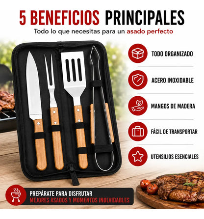 Kit Asado Parrilla 4 Utensilios Mango Madera Con Estuche