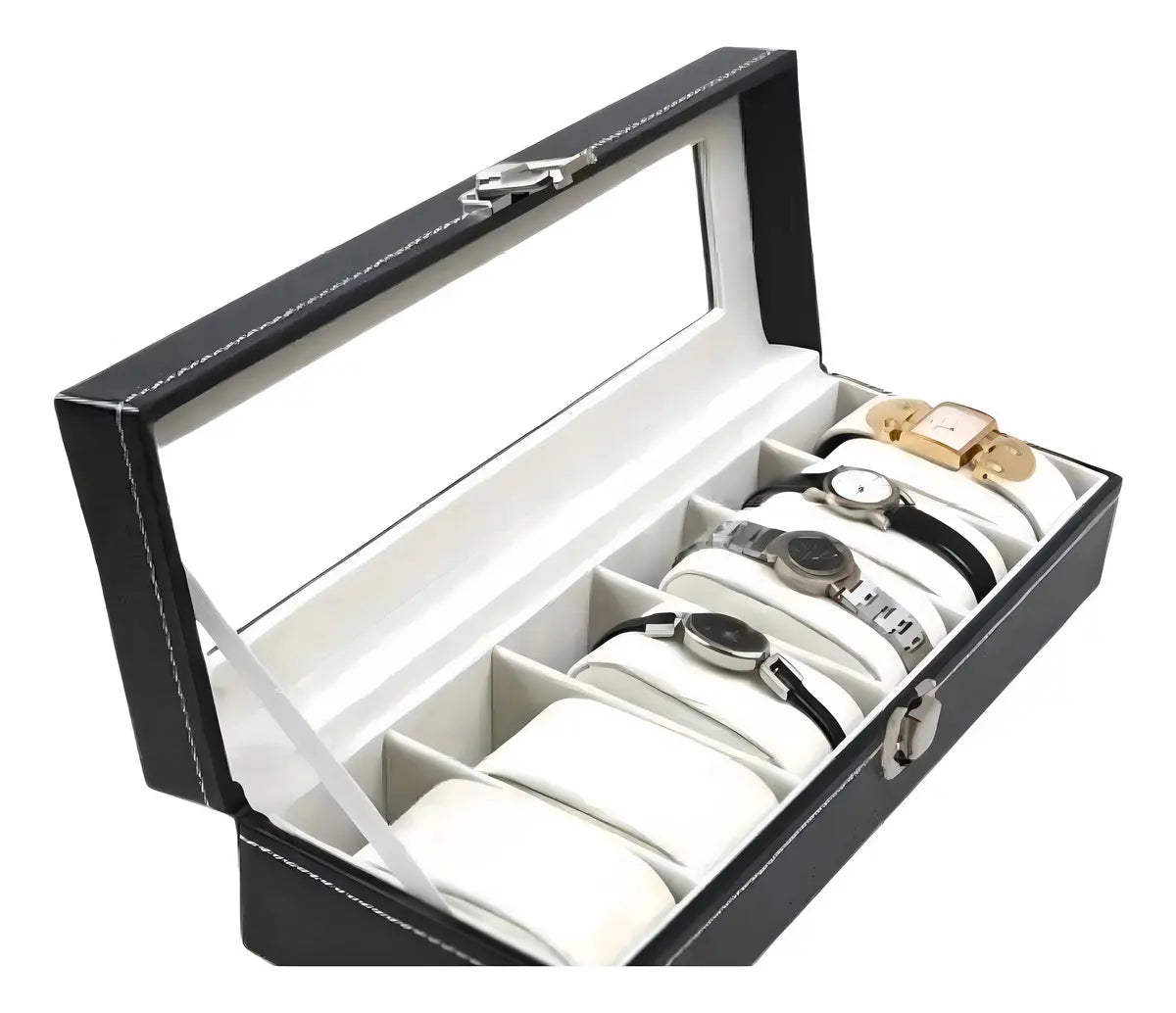Caja para Relojes de Lujo con 6 Espacios, Organizador de Cuero Negro con Ventana y Llave