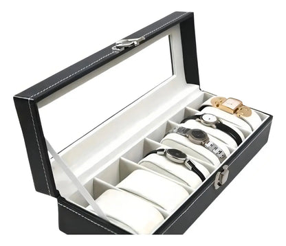 Caja para Relojes de Lujo con 6 Espacios, Organizador de Cuero Negro con Ventana y Llave