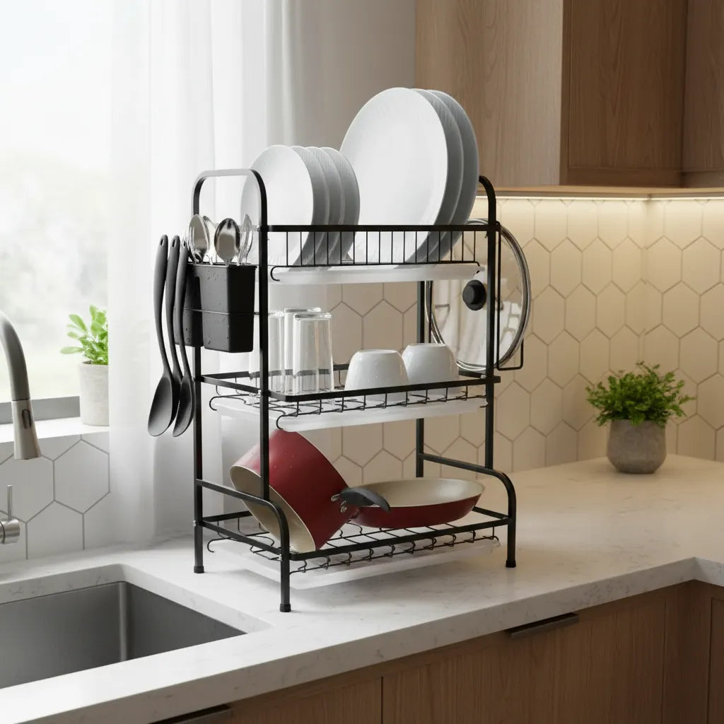 Secador Escurridor De Platos Organizador Cocina 3 Niveles, De Acero.