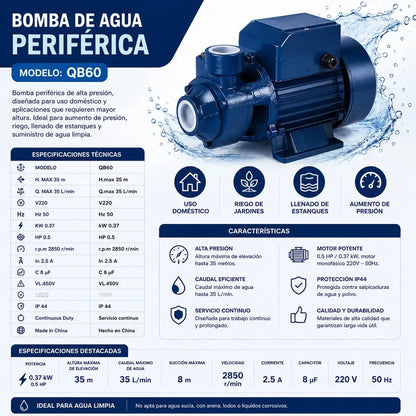 Bomba De Agua Periférica Qb60 0,5hp 370w 220v Monofásica