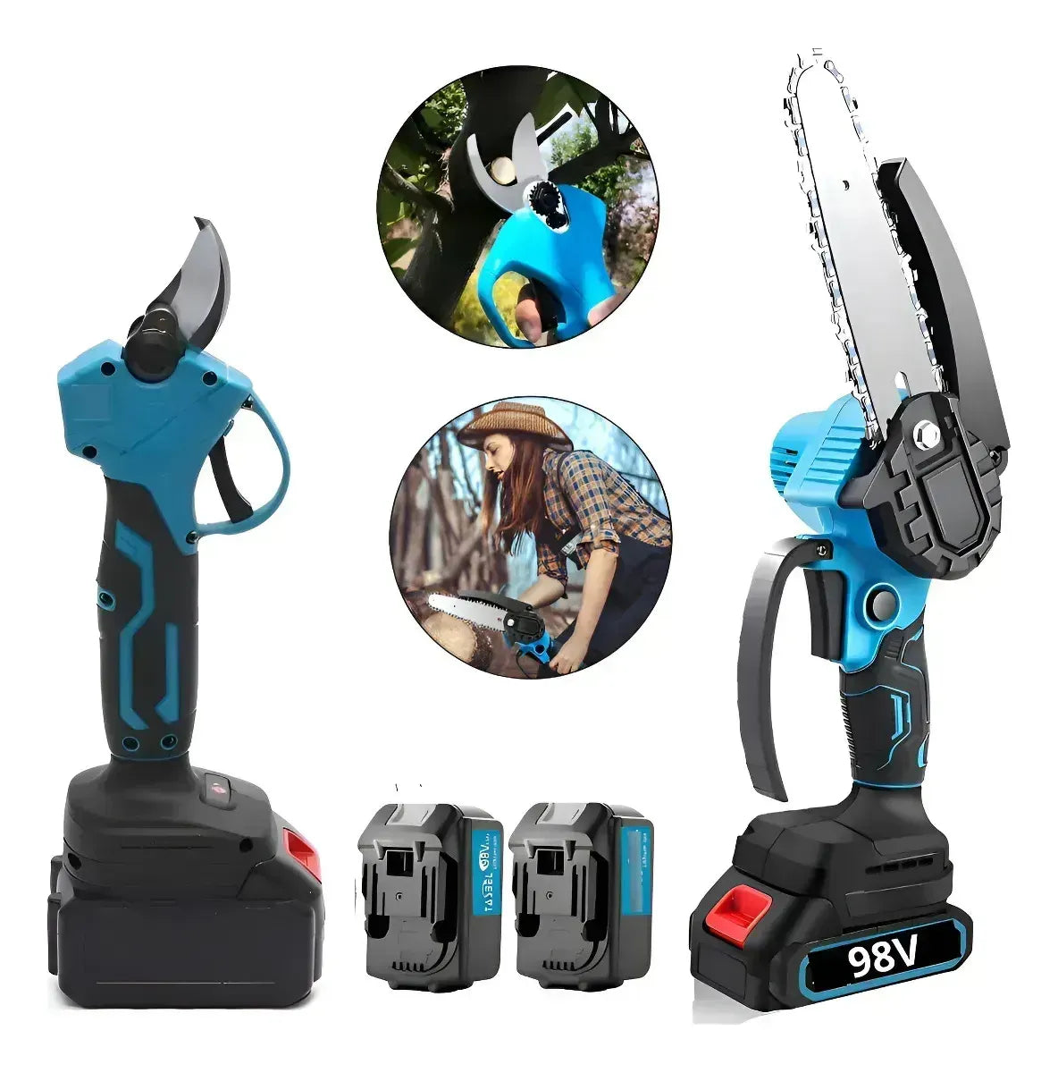 Kit Jardinería Mini Motosierra+tijera Podadora Azul Petróleo