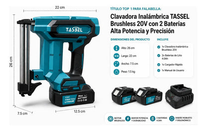 Clavadora, Pistola Clavos Inalámbrica 20v + 2 Baterías