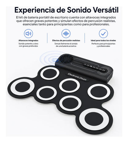Batería Electrónica Digital Enrollable Portátil Recargable color negro