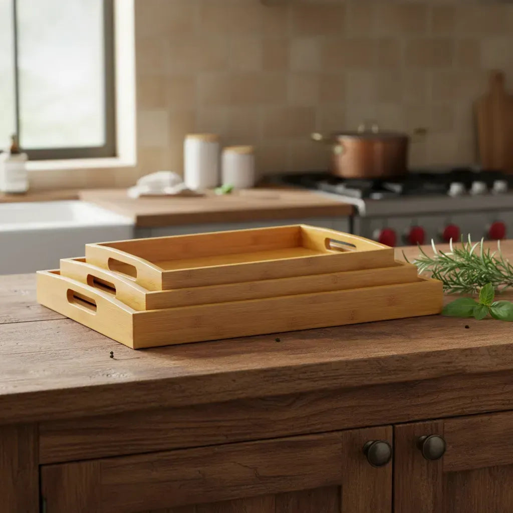 Set 3 Bandejas Madera Bambu Para Servir Cocina Y Aperitivos
