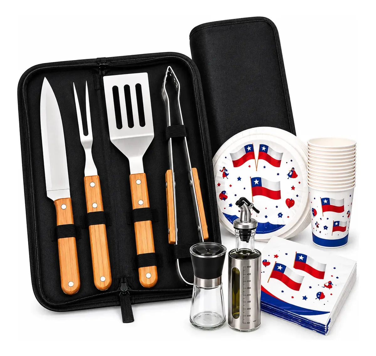 Kit Asado Parrilla 4 Utensilios Mango Madera Con Estuche