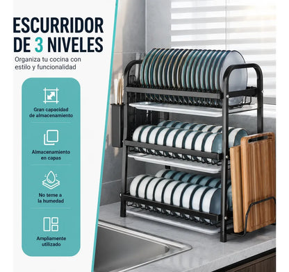 Secador Escurridor De Platos Organizador Cocina 3 Niveles, De Acero.