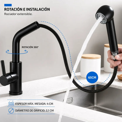 Grifería Llave Monomando Cocina Negro Mate Extensible 65cm