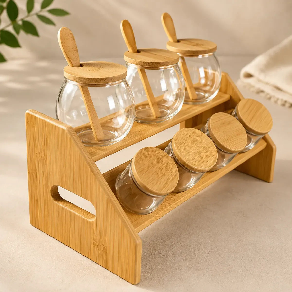 Set Contenedores Vidrio Bambu Organizador Especiero Cocina