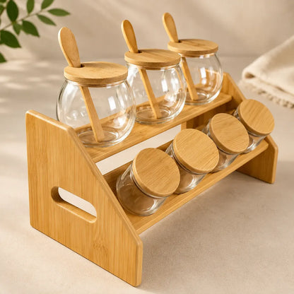 Set Contenedores Vidrio Bambu Organizador Especiero Cocina