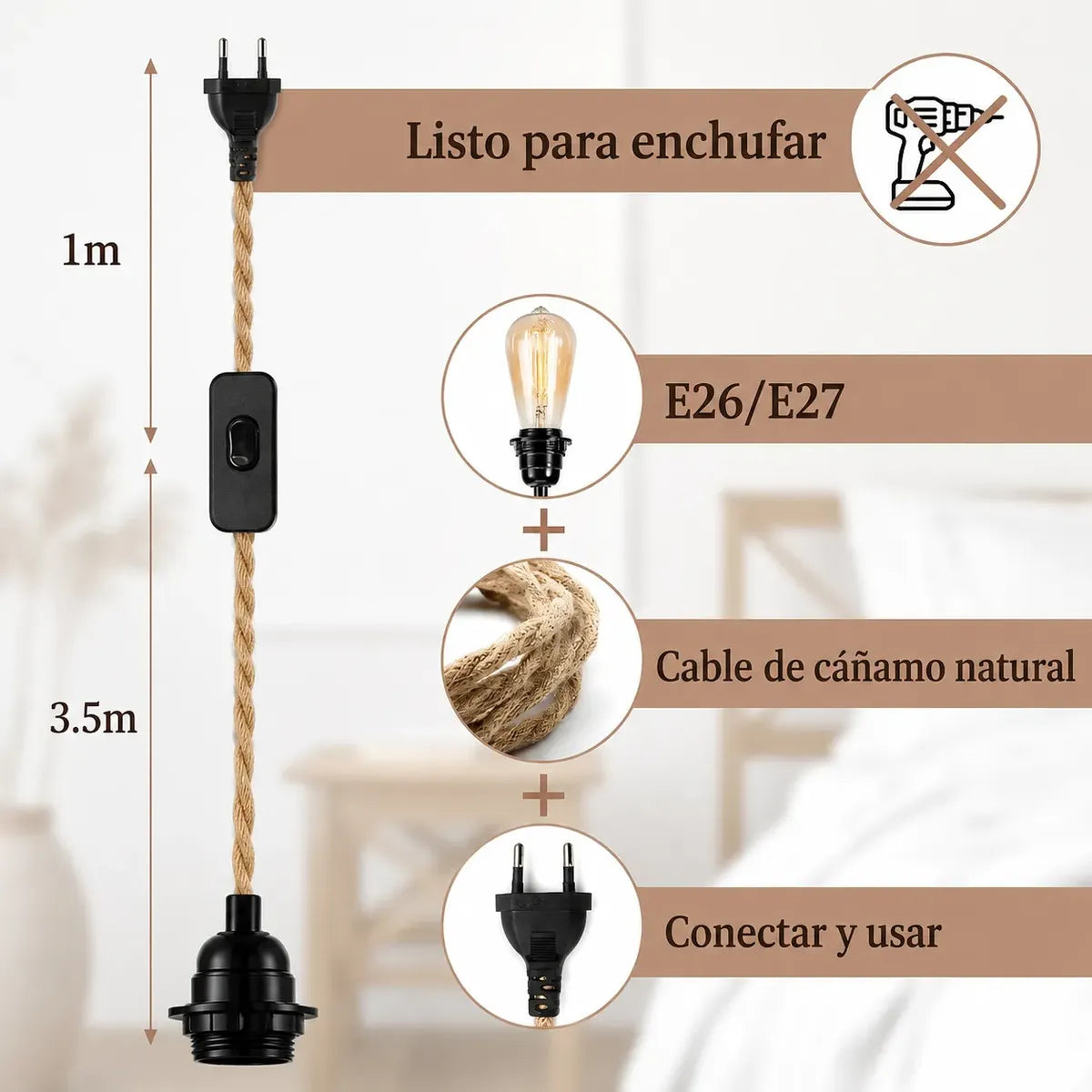 Portalámparas Colgante E27 Con Cable Trenzado Estilo Vintage