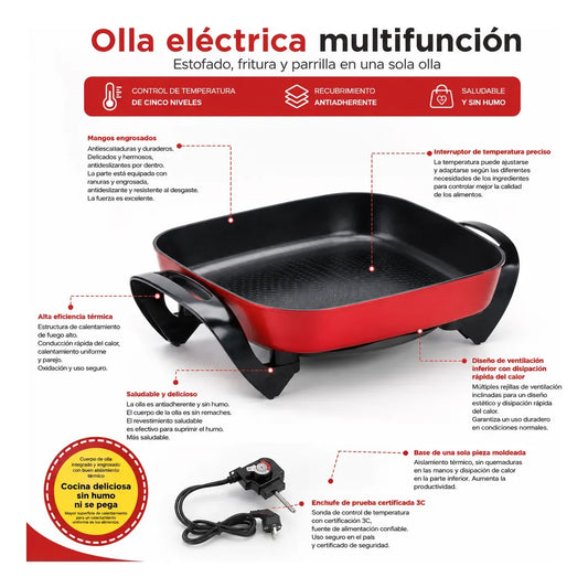 Sartén Eléctrico Multifunción Antiadherente 1500w Con Tapa