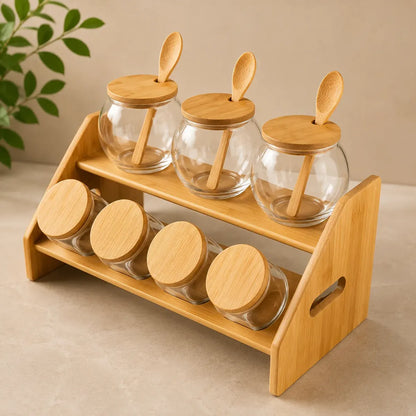 Set Contenedores Vidrio Bambu Organizador Especiero Cocina