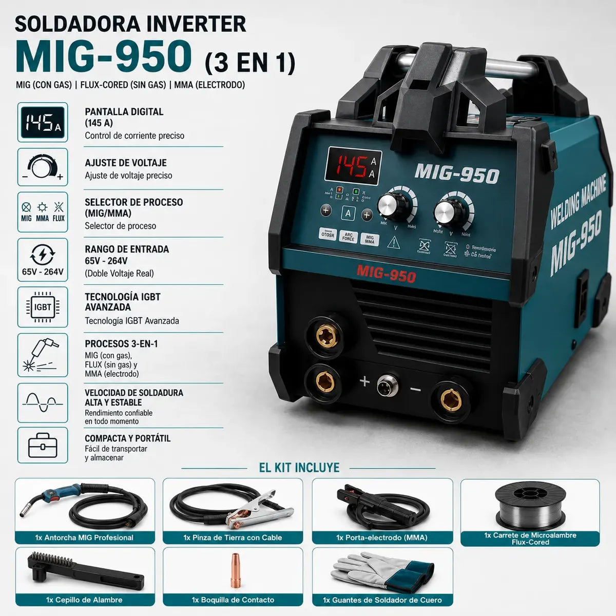 Soldadora Inverter Mig 950 Mma Flux 3 En 1 Sin Gas Tasbel