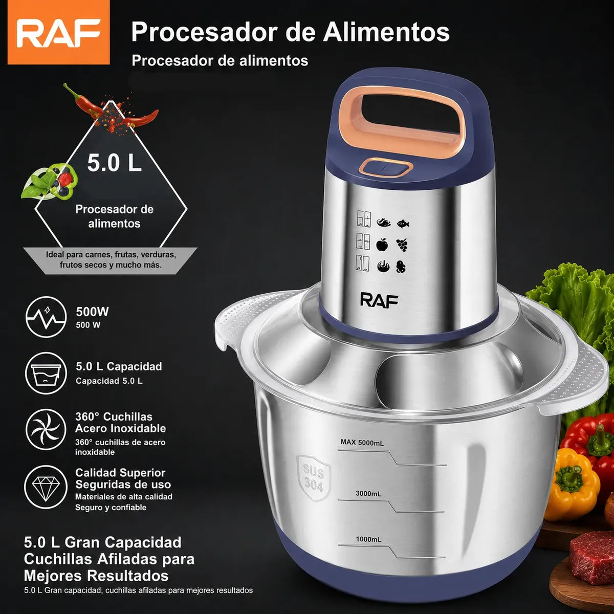 Procesador Picadora De Carne Y Verduras 5 Litros 500w Raf