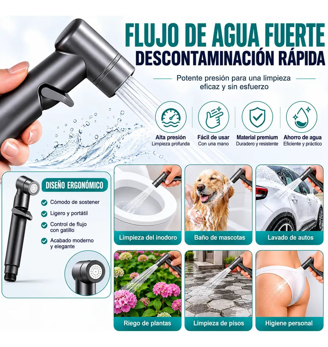 Ducha Higiénica Wc Bidet De Mano Con Manguera Espiral Baño