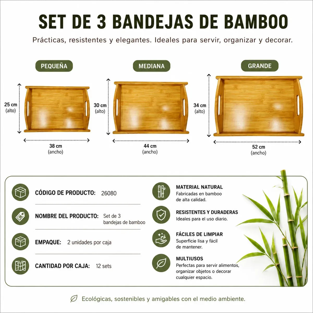 Set 3 Bandejas Madera Bambu Para Servir Cocina Y Aperitivos