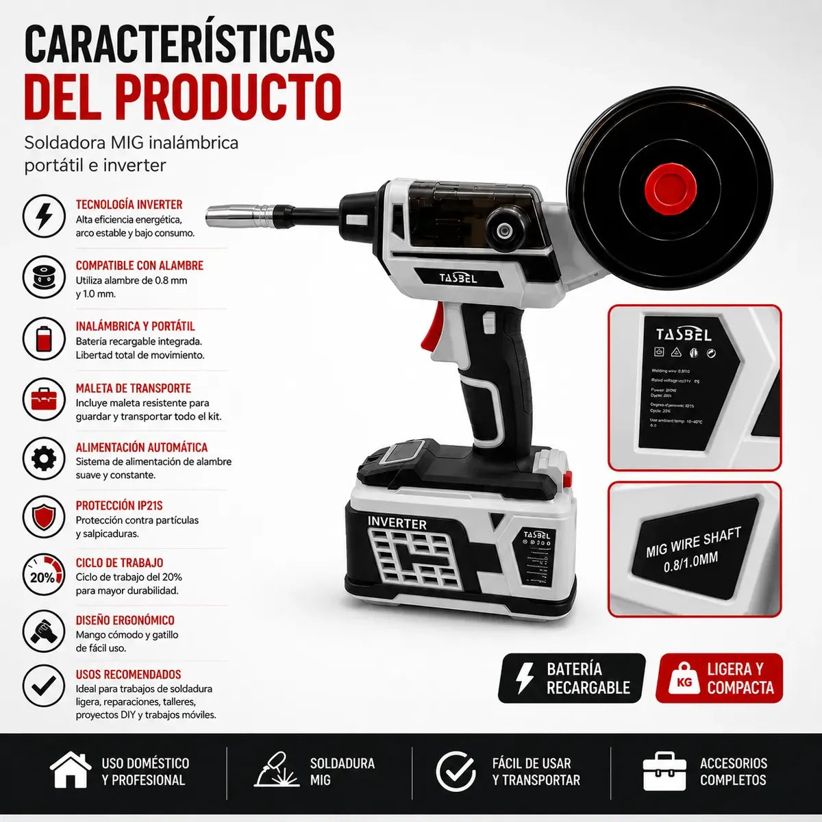 Soldadora Mig Inalámbrica Portátil Pro Tasbel Con Batería