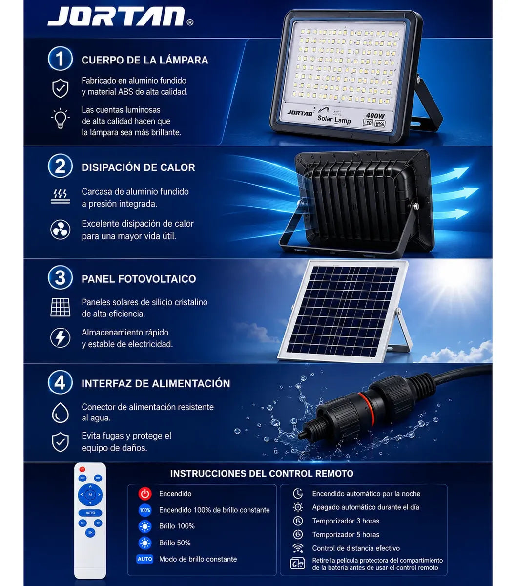 Foco Led Solar Reflector Con Panel 600w Jortan Exterior