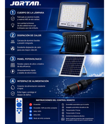 Foco Led Solar Reflector Con Panel 600w Jortan Exterior