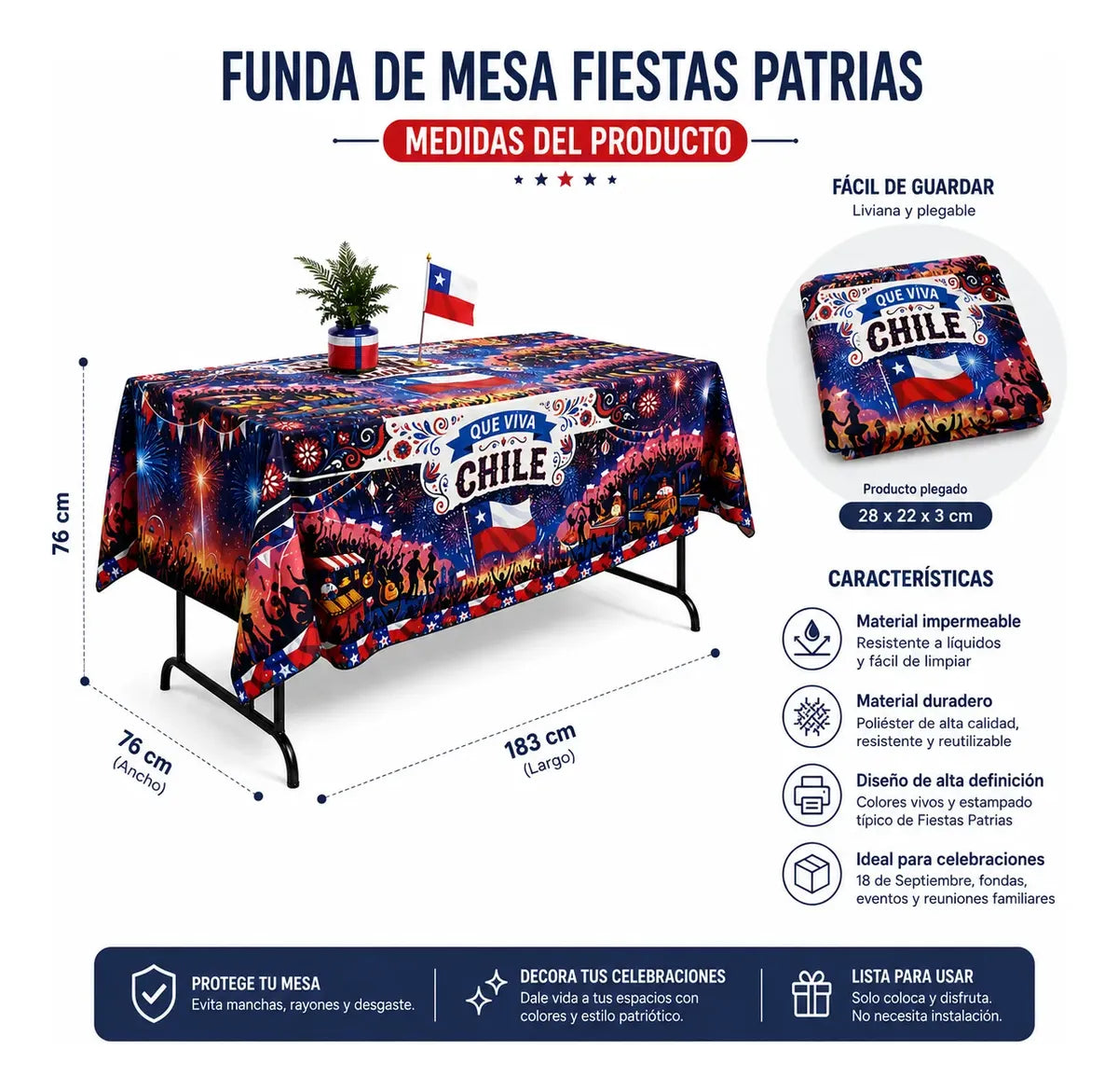 Mantel Funda Mesa Fiestas Patrias 76x183cm Diseños Variados