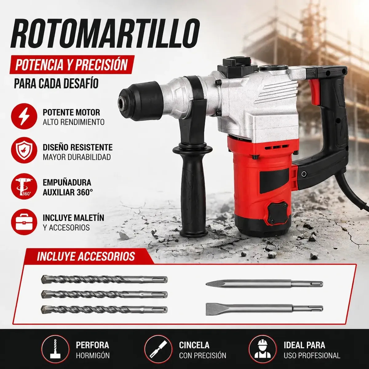 Rotomartillo Cincelador Profesional Con Maletin + Puntas