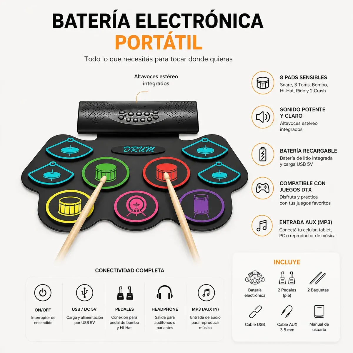 Batería Electrónica Portatil 9 Pads Set Baquetas Y Pedales