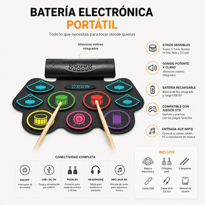 Batería Electrónica Portatil 9 Pads Set Baquetas Y Pedales