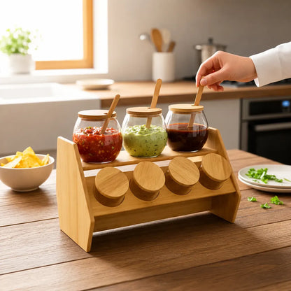 Set Contenedores Vidrio Bambu Organizador Especiero Cocina
