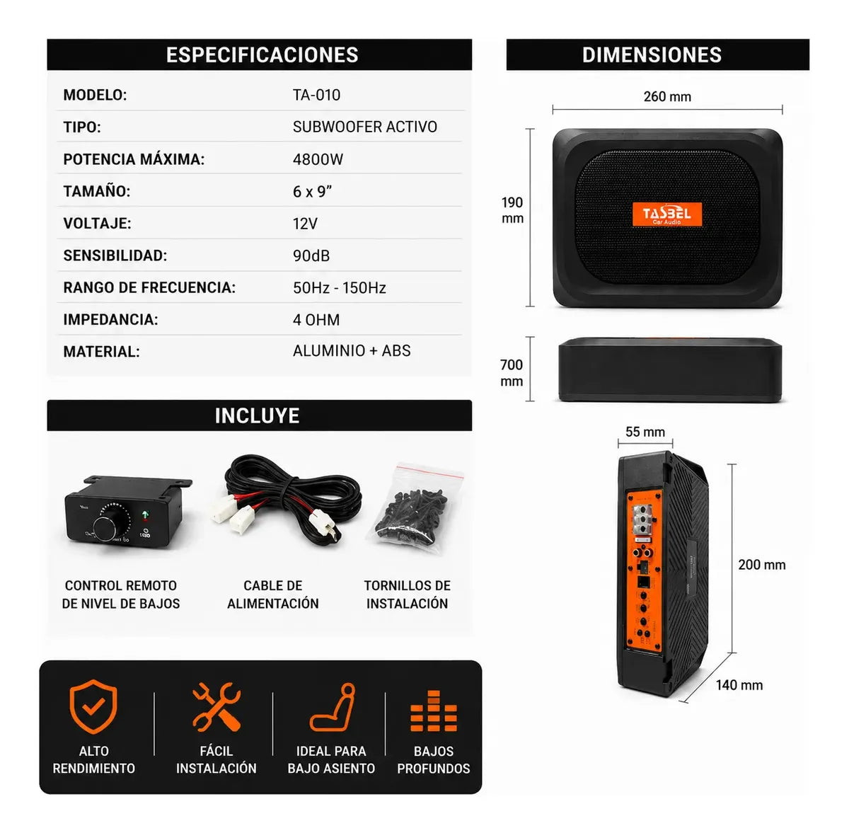 Subwoofer Amplificado Auto Bajo Asiento 4800w 12v Tasbel