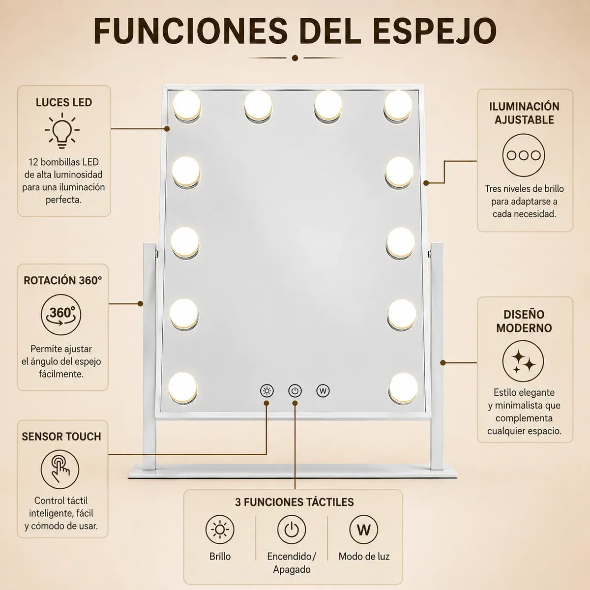 Espejo Maquillaje Hollywood Led Táctil Profesional 3 tonos