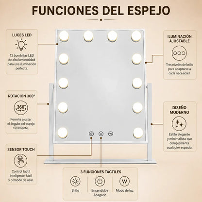 Espejo Maquillaje Hollywood Led Táctil Profesional 3 tonos