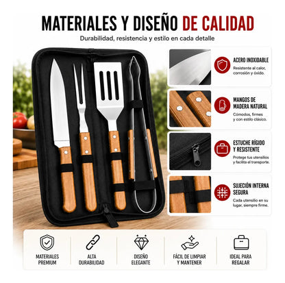 Kit Asado Parrilla 4 Utensilios Mango Madera Con Estuche