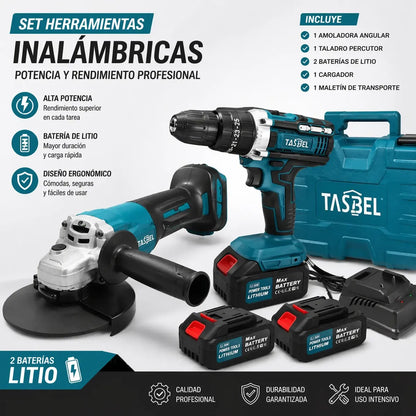 Set Herramientas Inalámbricas Tasbel Taladro Y Esmeril