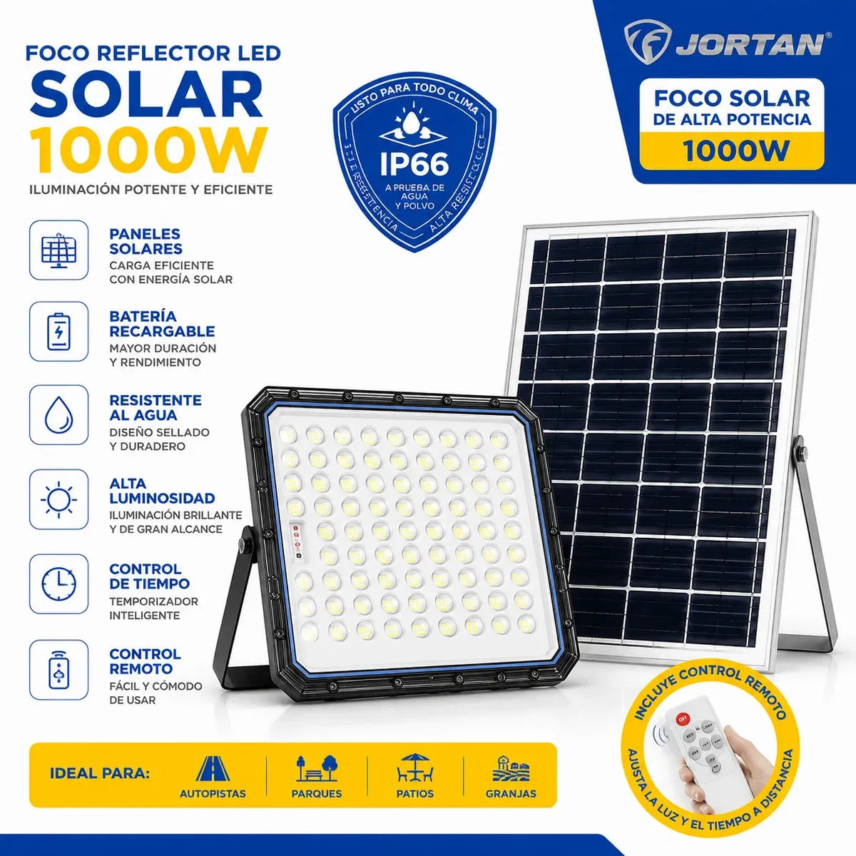 Foco Solar Led 1000w Jortan Exterior Panel Solar Y Control Gris Oscuro Blanco Frío