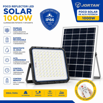 Foco Solar Led 1000w Jortan Exterior Panel Solar Y Control Gris Oscuro Blanco Frío
