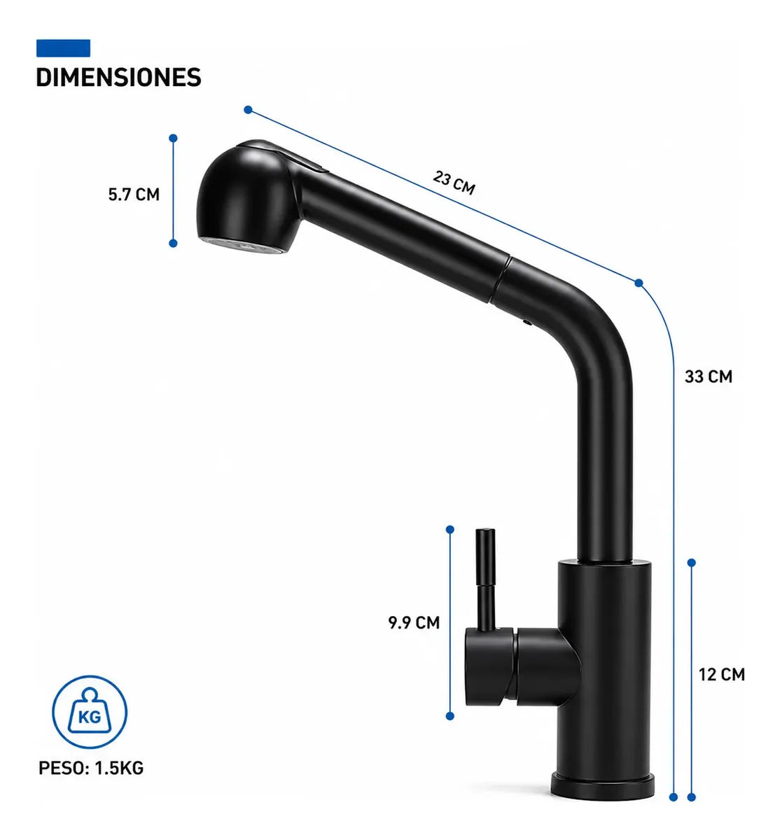 Grifería Llave Monomando Cocina Negro Mate Extensible 65cm