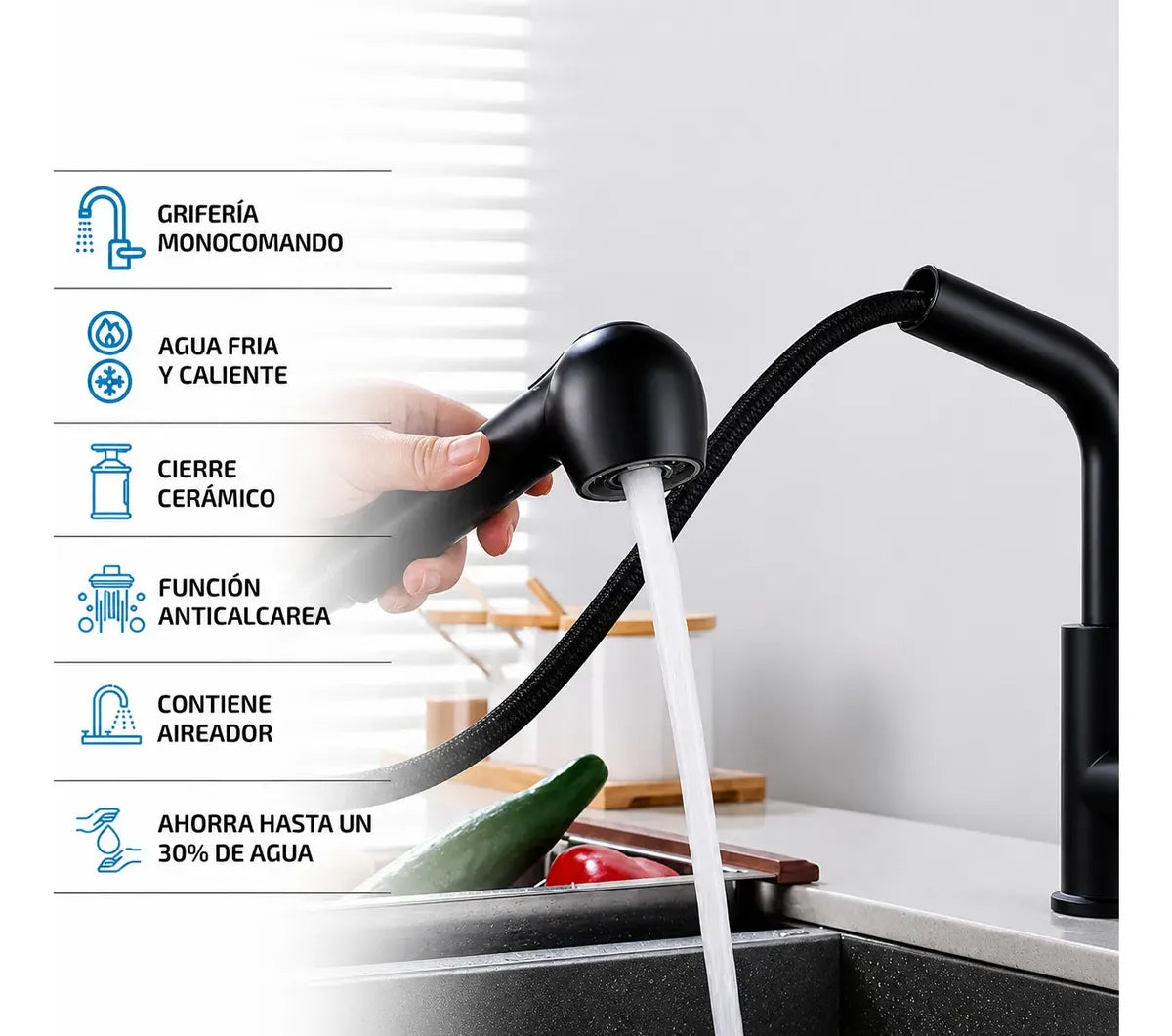 Grifería Llave Monomando Cocina Negro Mate Extensible 65cm