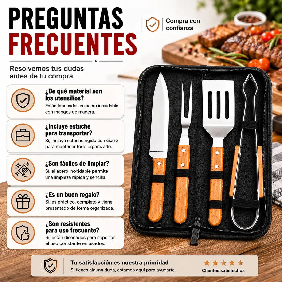 Kit Asado Parrilla 4 Utensilios Mango Madera Con Estuche