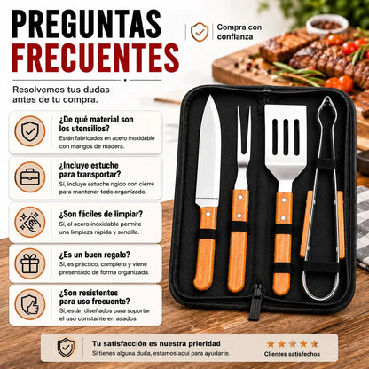 Kit Asado Parrilla 4 Utensilios Mango Madera Con Estuche