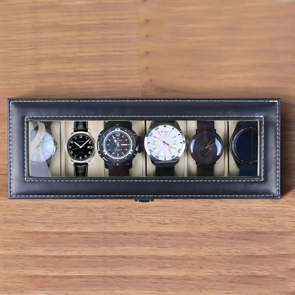 Caja para Relojes de Lujo con 6 Espacios, Organizador de Cuero Negro con Ventana y Llave
