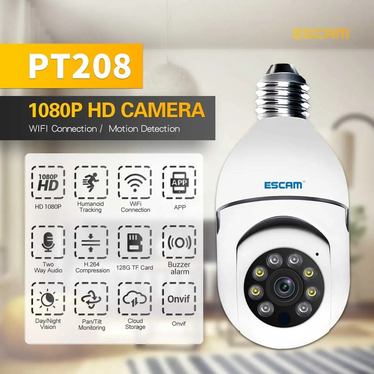 Cámara de Seguridad Tipo Ampolleta Wi-Fi 360° para Exterior con Visión Nocturna