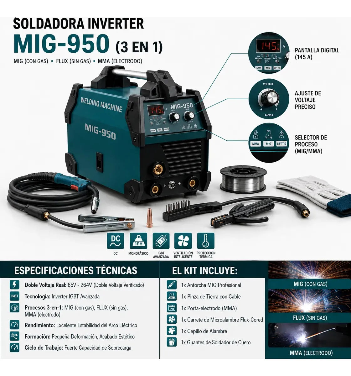 Soldadora Inverter Mig 950 Mma Flux 3 En 1 Sin Gas Tasbel