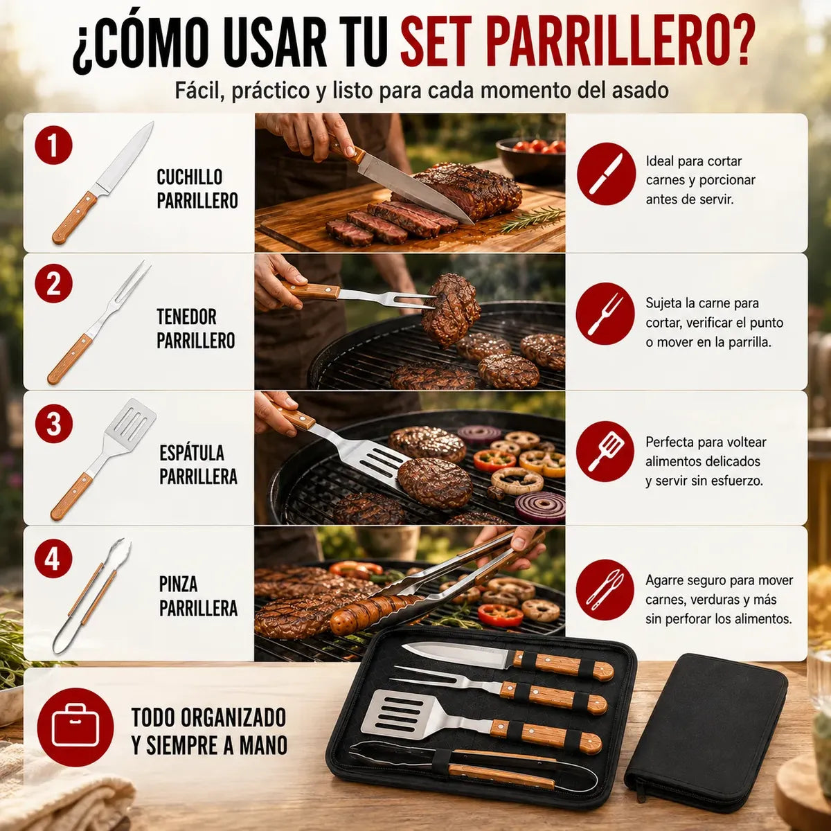 Kit Asado Parrilla 4 Utensilios Mango Madera Con Estuche
