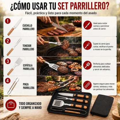 Kit Asado Parrilla 4 Utensilios Mango Madera Con Estuche